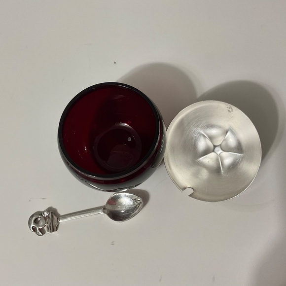 VTG Cranberry Glass and Silver Brass Jam Sugar Pot - Picture 6 of 8